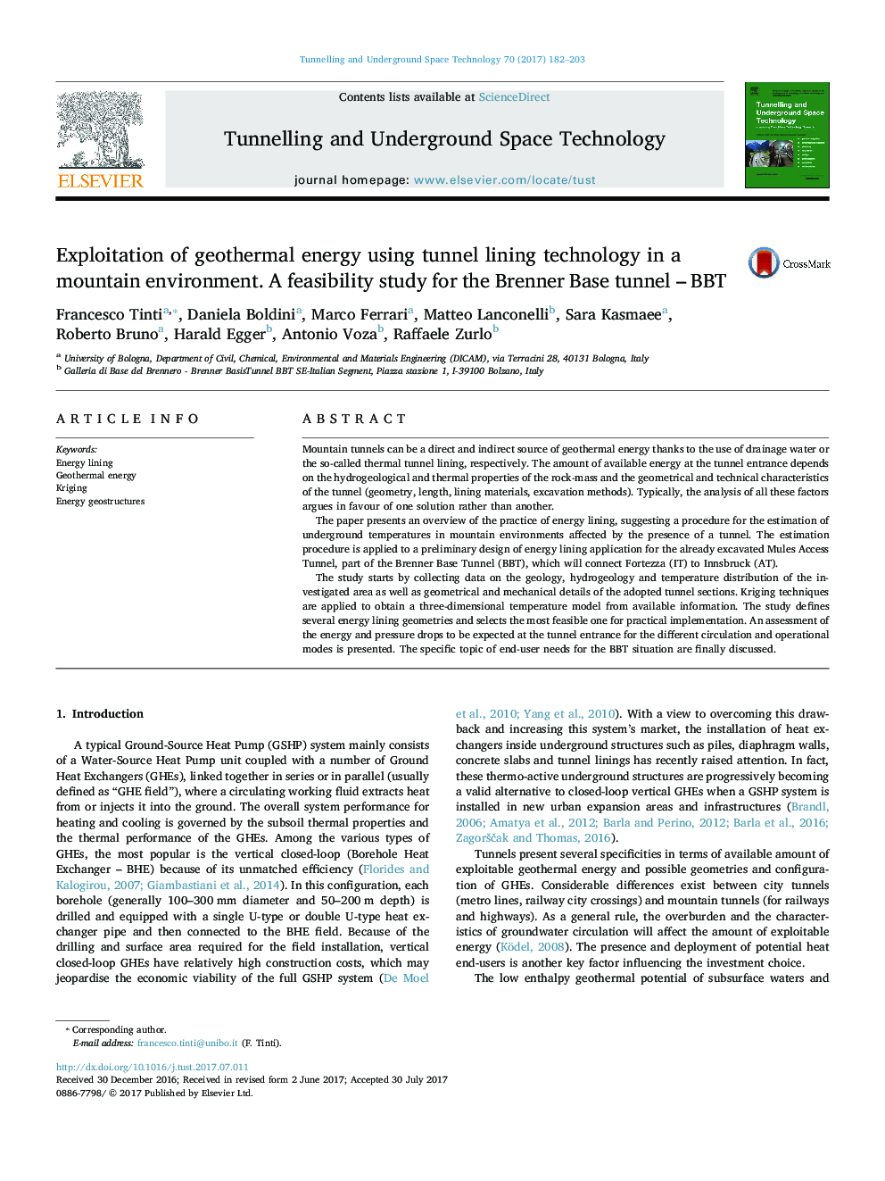 Exploitation of geothermal energy using tunnel lining technology in a mountain environment. A feasibility study for the Brenner Base tunnel - BBT