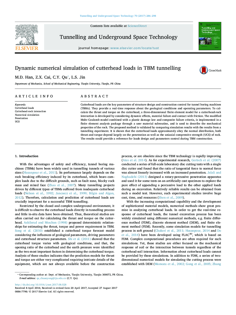 Dynamic numerical simulation of cutterhead loads in TBM tunnelling