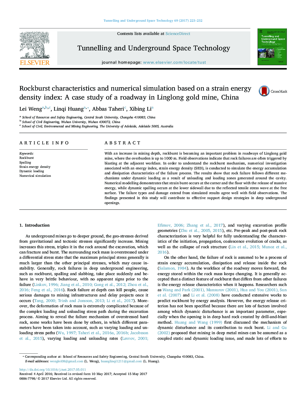 Rockburst characteristics and numerical simulation based on a strain energy density index: A case study of a roadway in Linglong gold mine, China