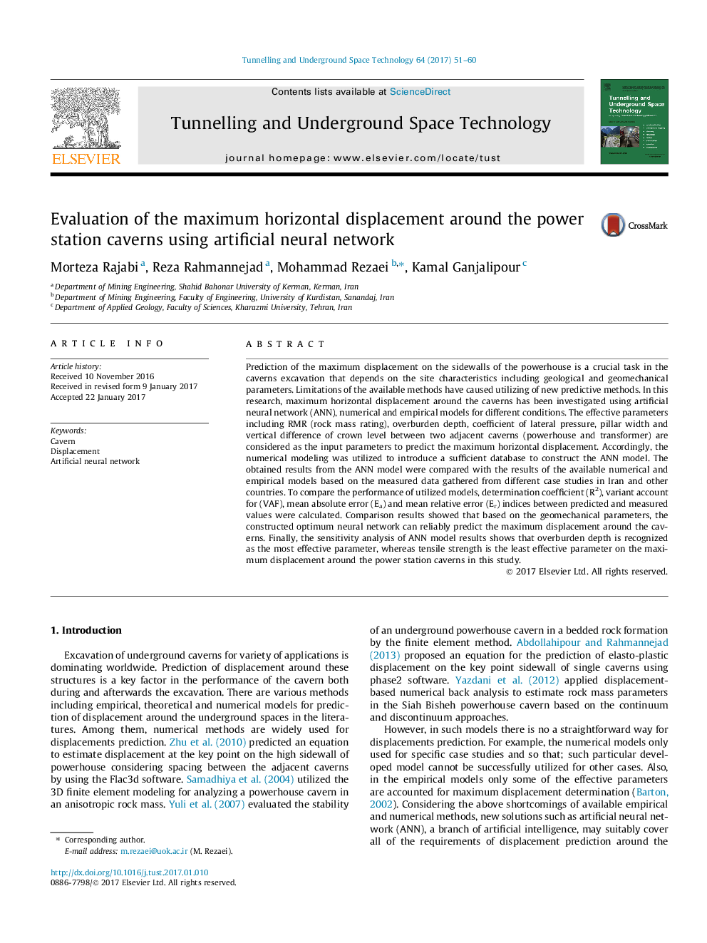 Evaluation of the maximum horizontal displacement around the power station caverns using artificial neural network