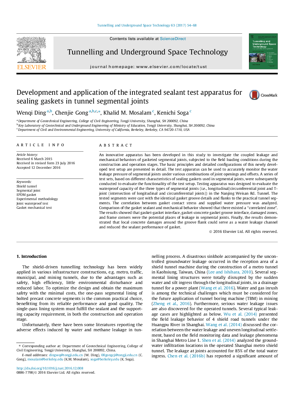 Development and application of the integrated sealant test apparatus for sealing gaskets in tunnel segmental joints