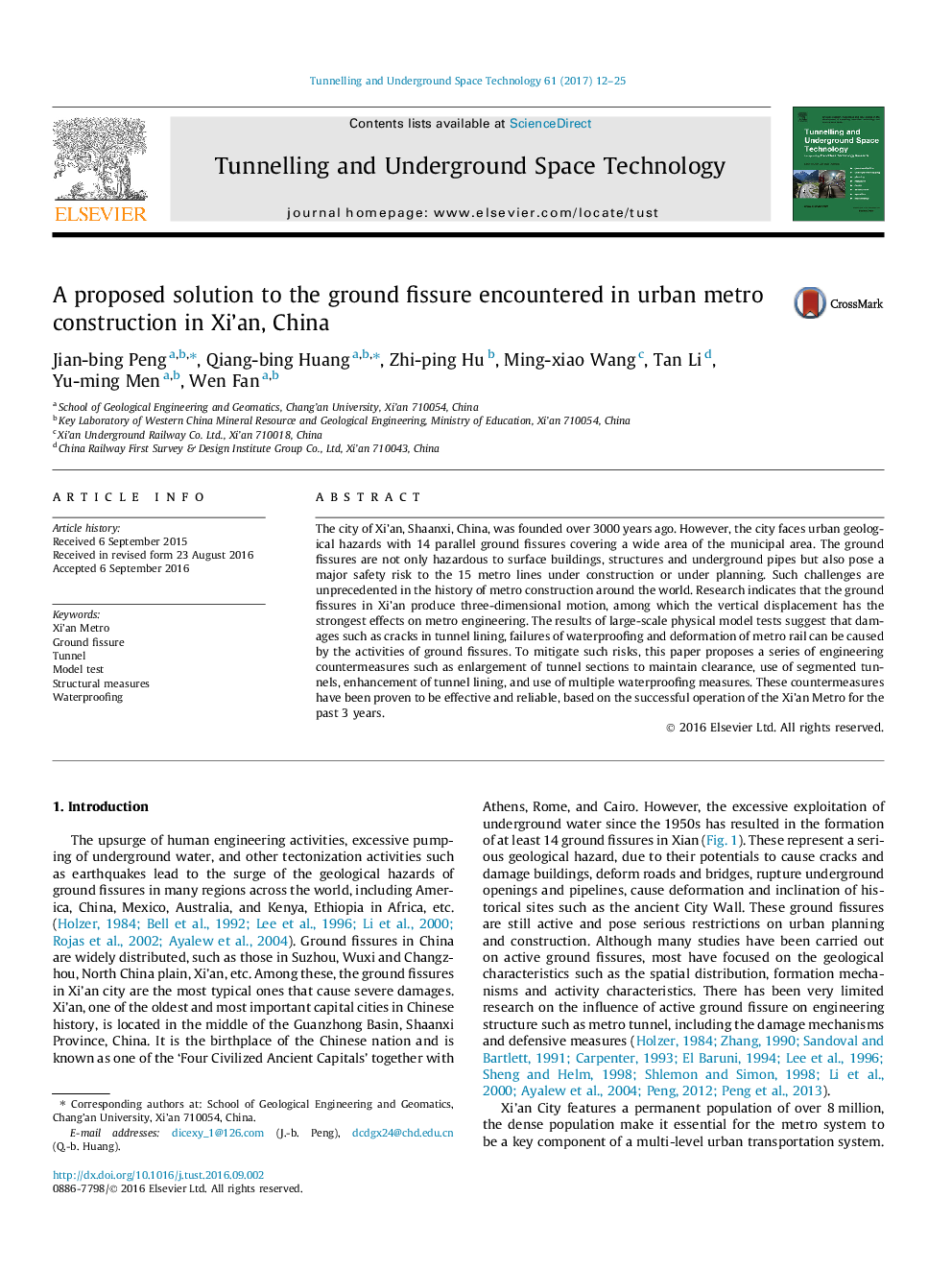 A proposed solution to the ground fissure encountered in urban metro construction in Xi'an, China