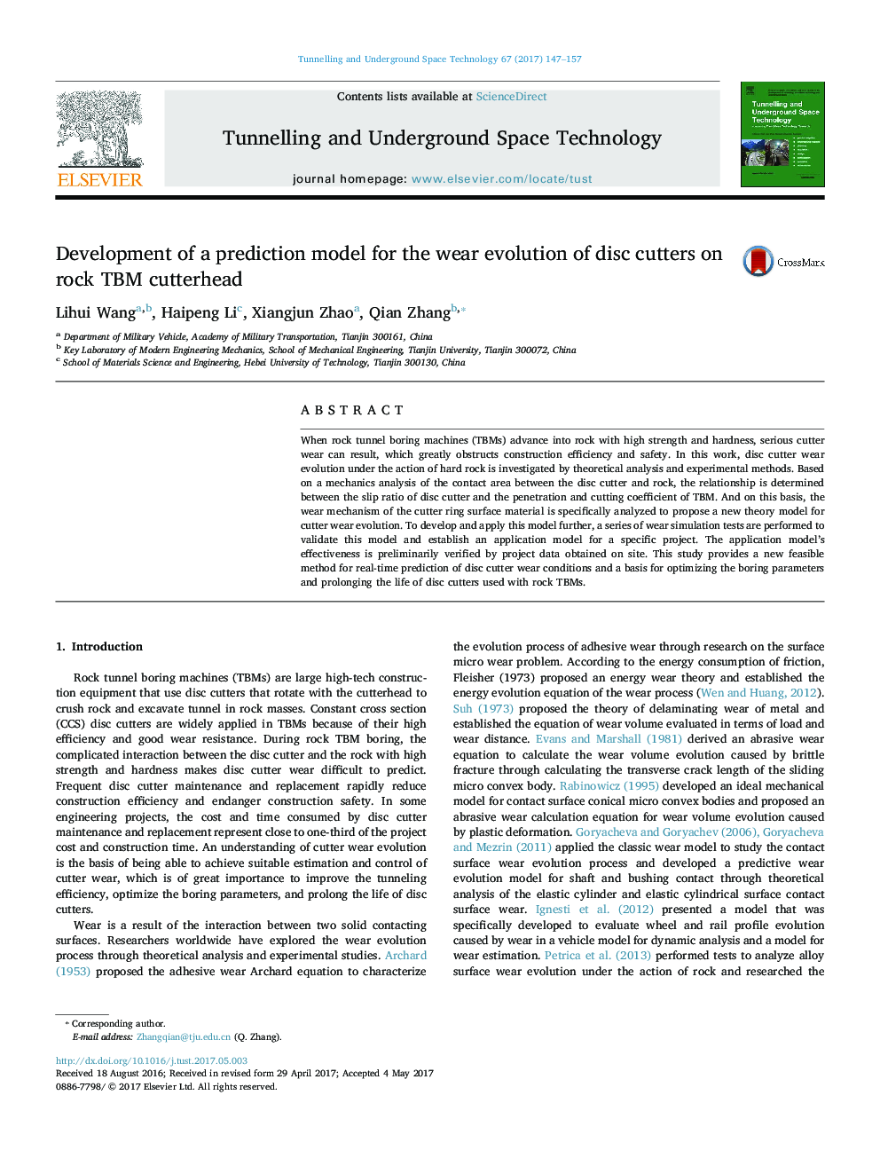 عکس صفحه اول مقاله: Development of a prediction model for the wear evolution of disc cutters on rock TBM cutterhead Development of a prediction model for the wear evolution of disc cutters on rock TBM cutterhead