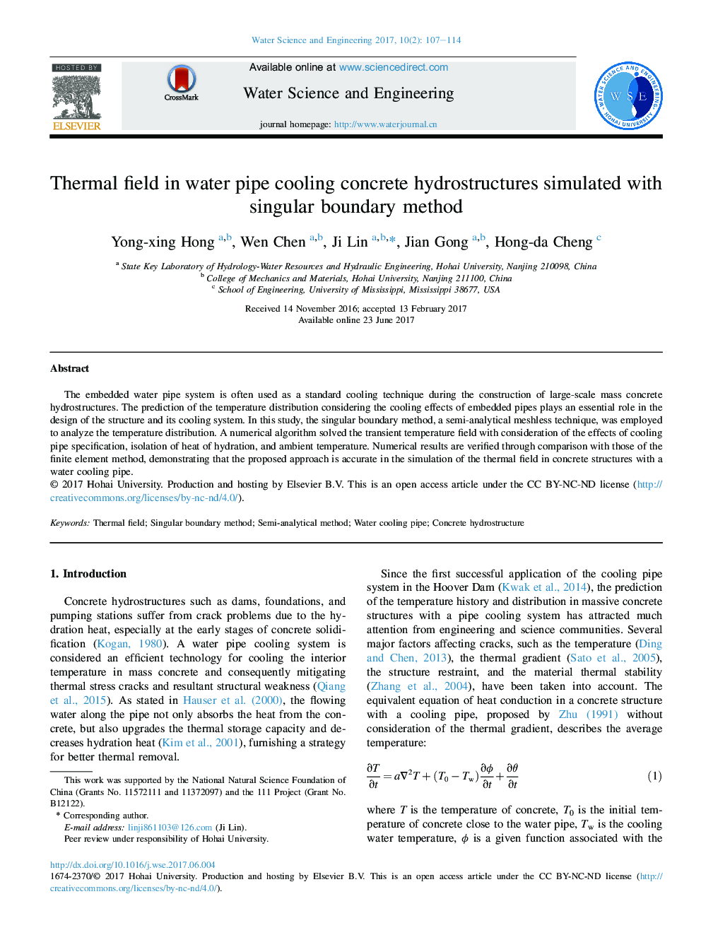 Thermal field in water pipe cooling concrete hydrostructures simulated with singular boundary method