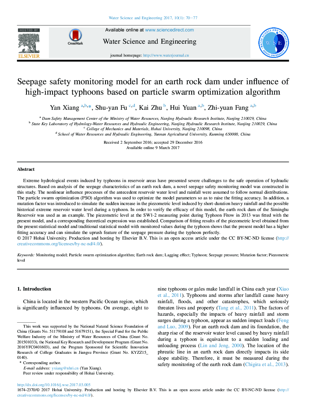 Seepage safety monitoring model for an earth rock dam under influence of high-impact typhoons based on particle swarm optimization algorithm