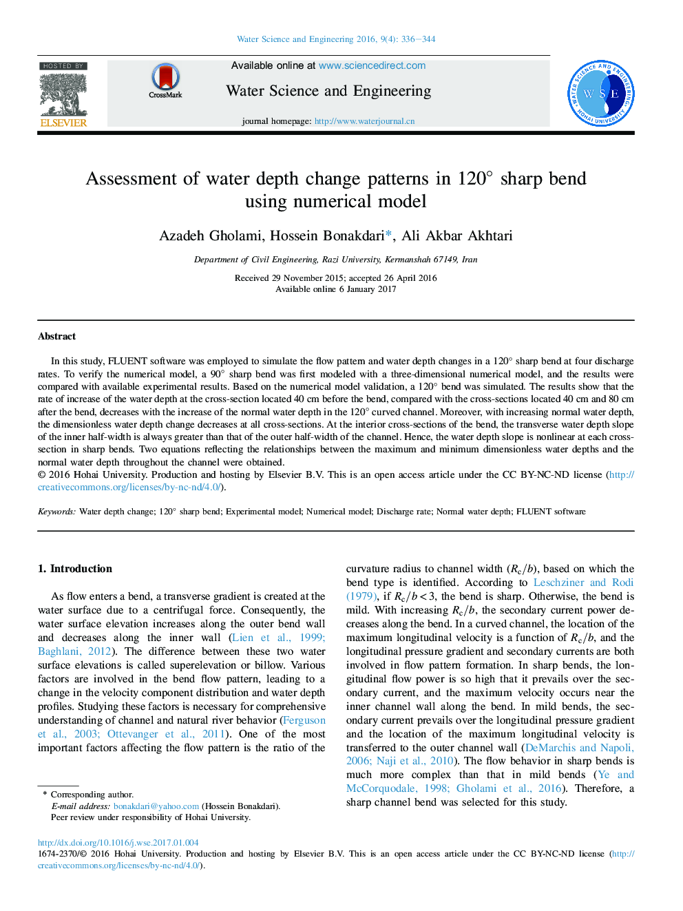 Assessment of water depth change patterns in 120Â° sharp bend using numerical model