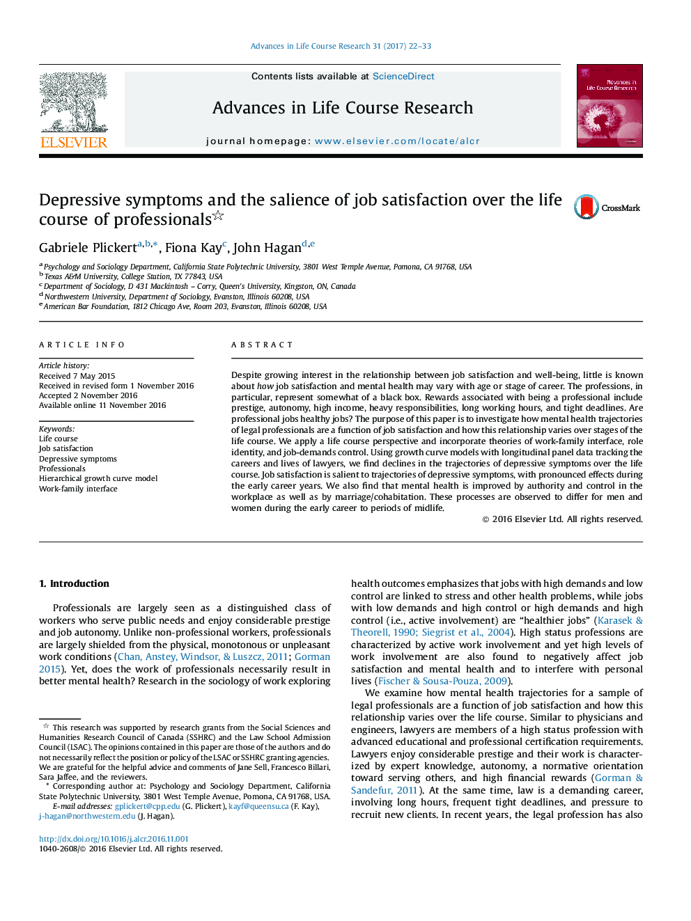 Depressive symptoms and the salience of job satisfaction over the life course of professionals