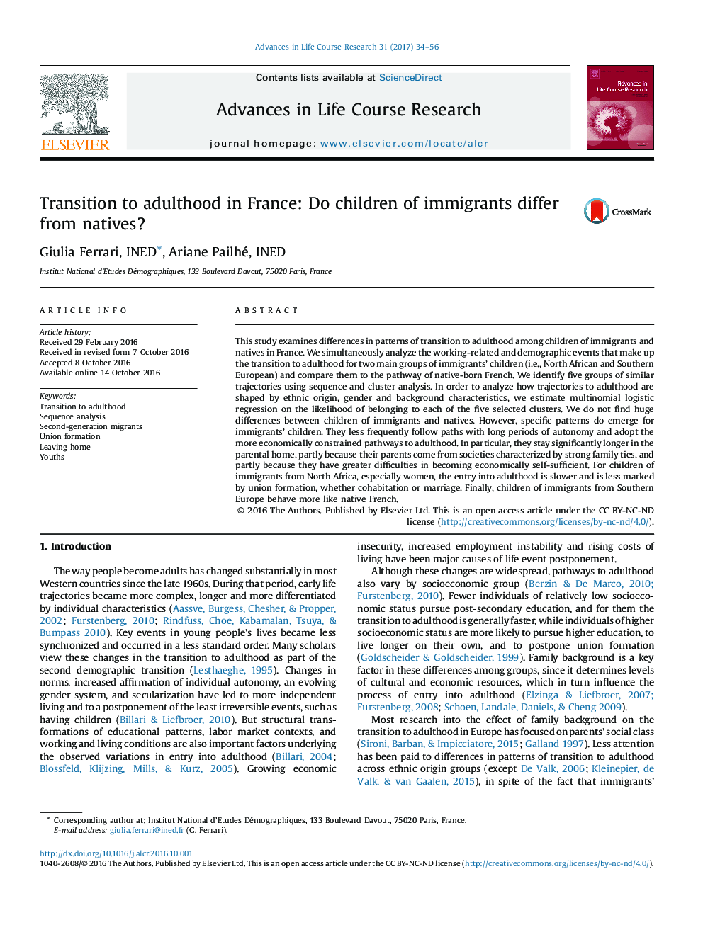 Transition to adulthood in France: Do children of immigrants differ from natives?