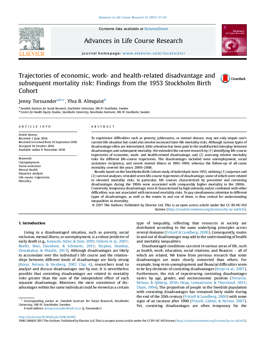 Trajectories of economic, work- and health-related disadvantage and subsequent mortality risk: Findings from the 1953 Stockholm Birth Cohort