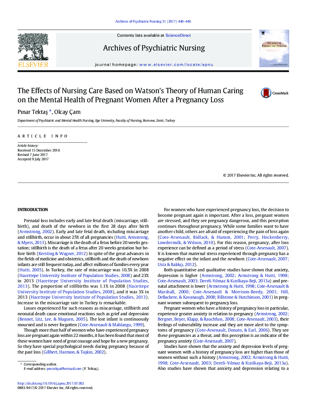 The Effects of Nursing Care Based on Watson's Theory of Human Caring on the Mental Health of Pregnant Women After a Pregnancy Loss