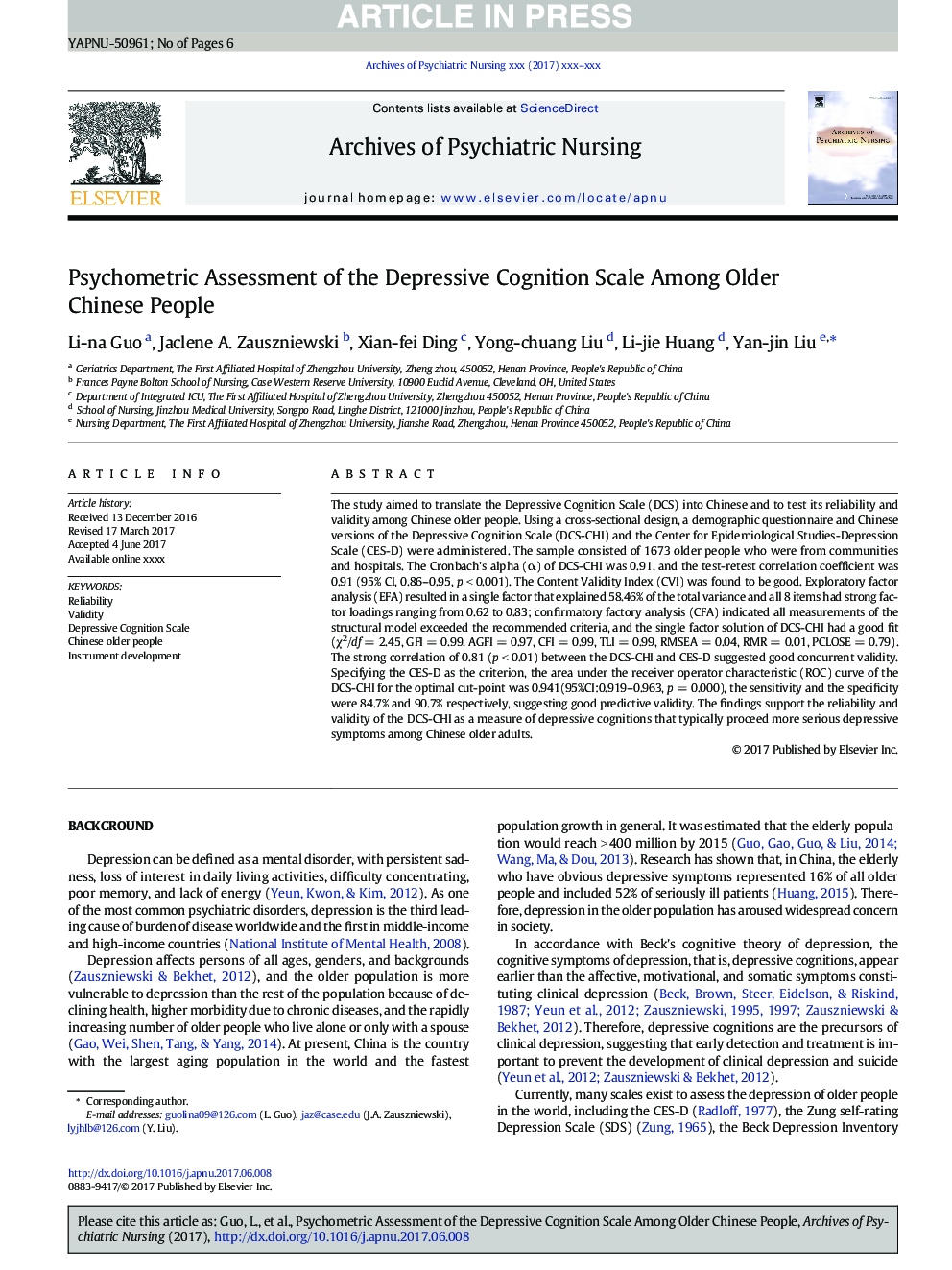 Psychometric Assessment of the Depressive Cognition Scale Among Older Chinese People