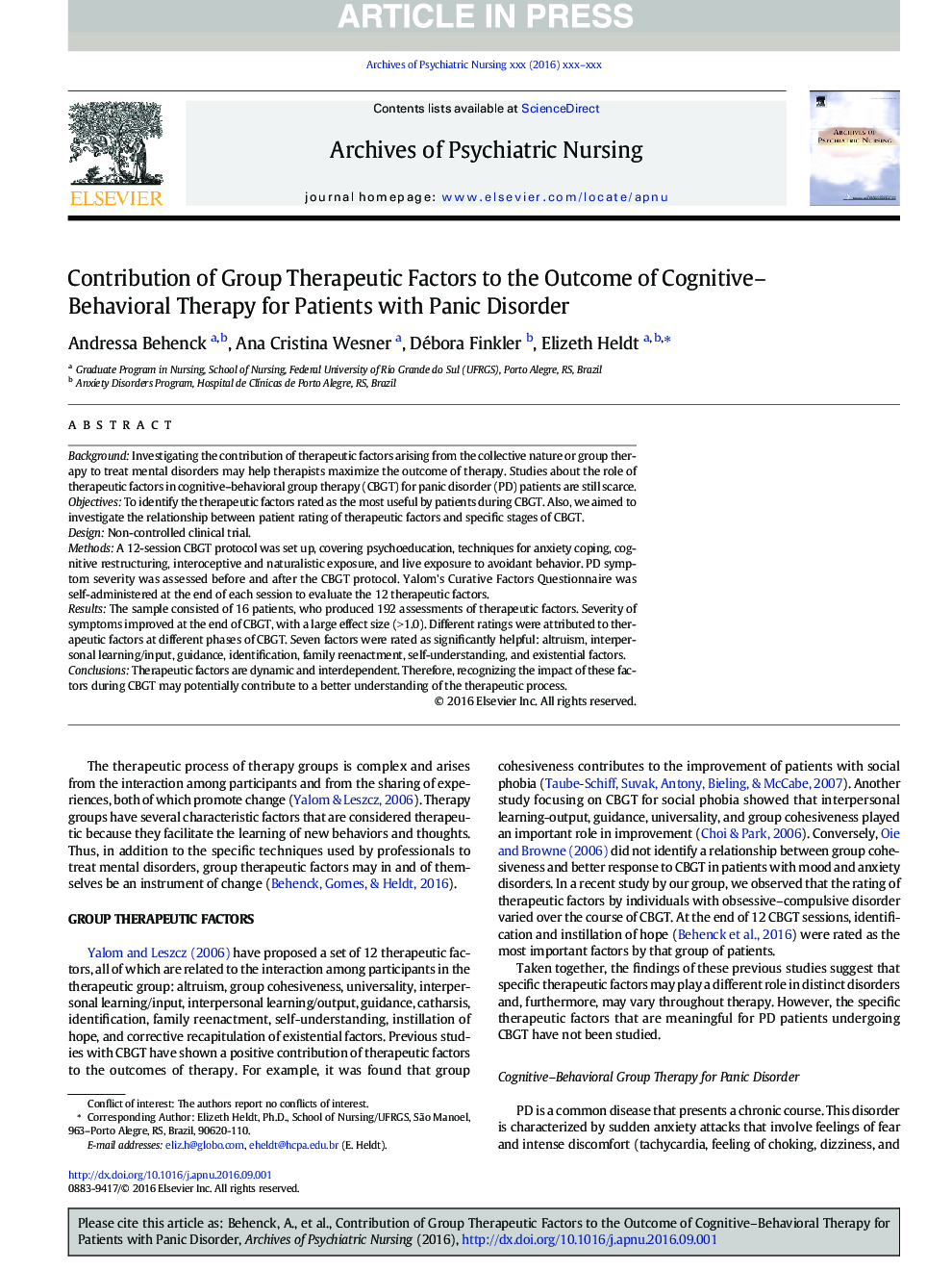 Contribution of Group Therapeutic Factors to the Outcome of Cognitive-Behavioral Therapy for Patients with Panic Disorder