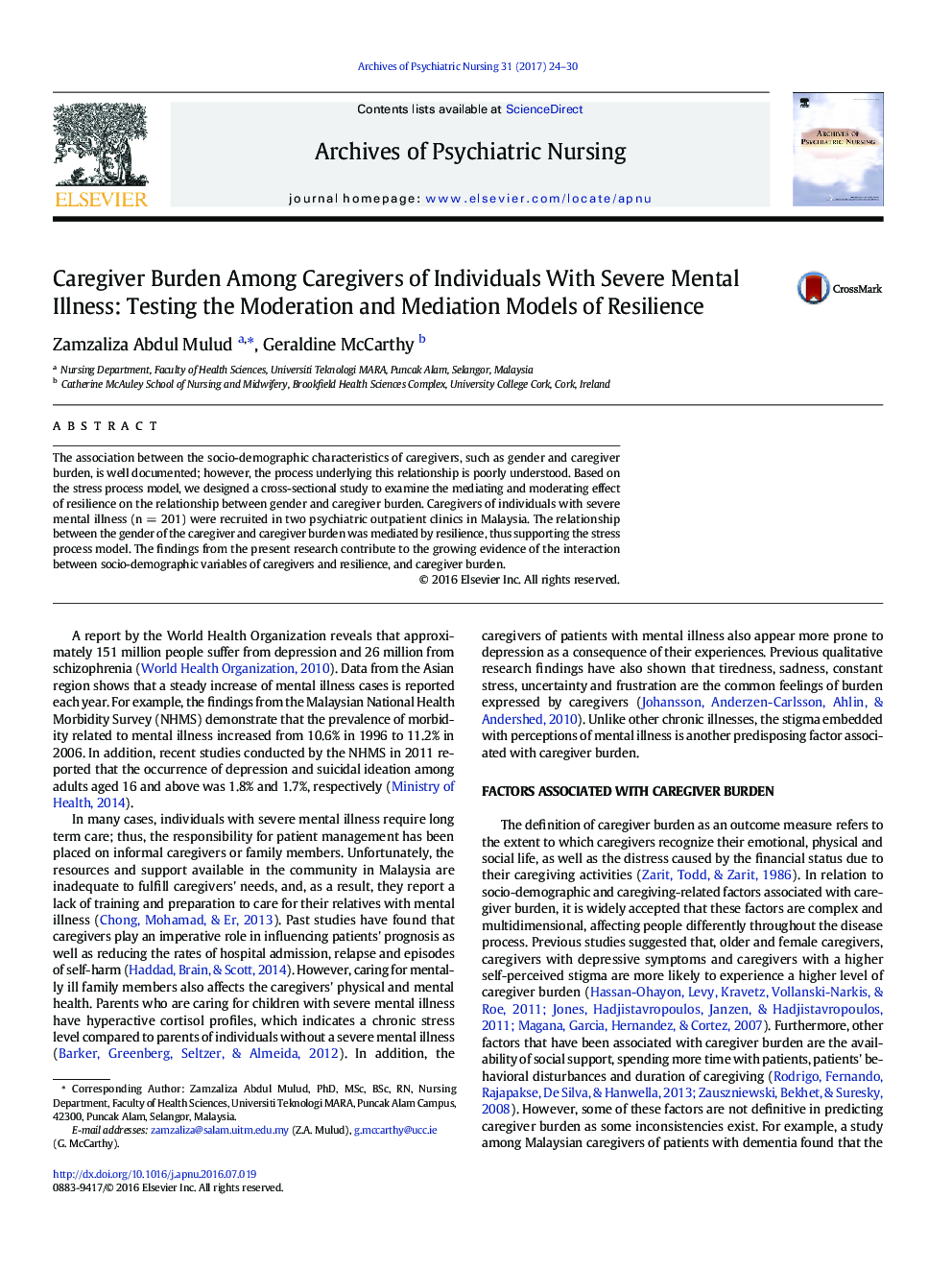 Caregiver Burden Among Caregivers of Individuals With Severe Mental Illness: Testing the Moderation and Mediation Models of Resilience