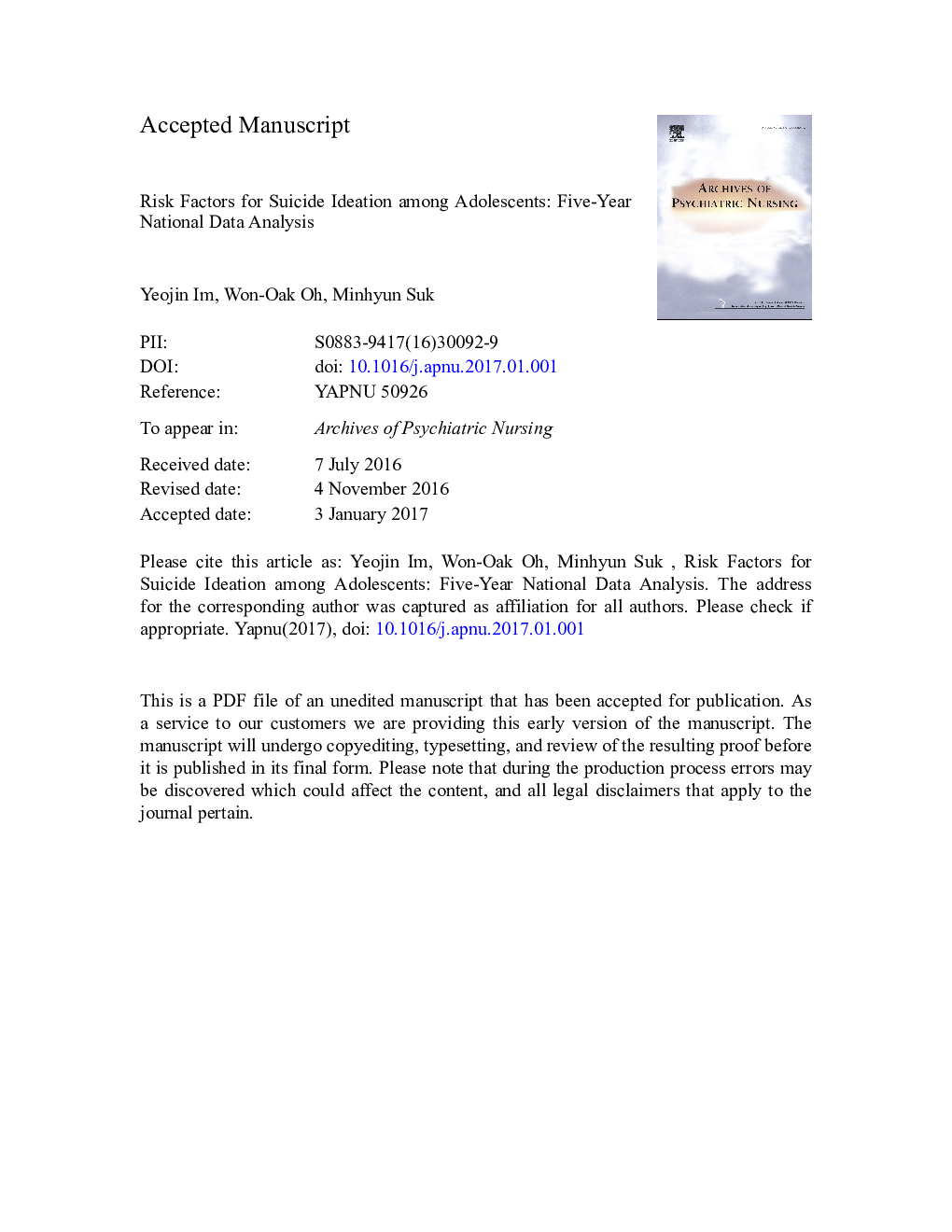 Risk Factors for Suicide Ideation Among Adolescents: Five-Year National Data Analysis