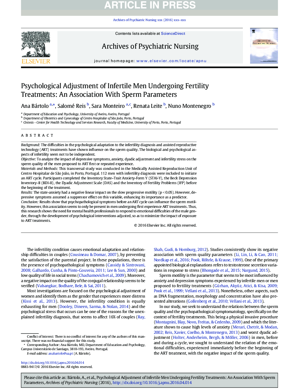 Psychological Adjustment of Infertile Men Undergoing Fertility Treatments: An Association With Sperm Parameters