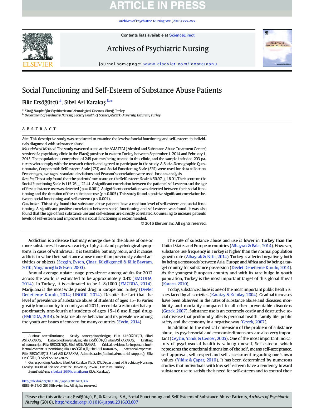 Social Functioning and Self-Esteem of Substance Abuse Patients