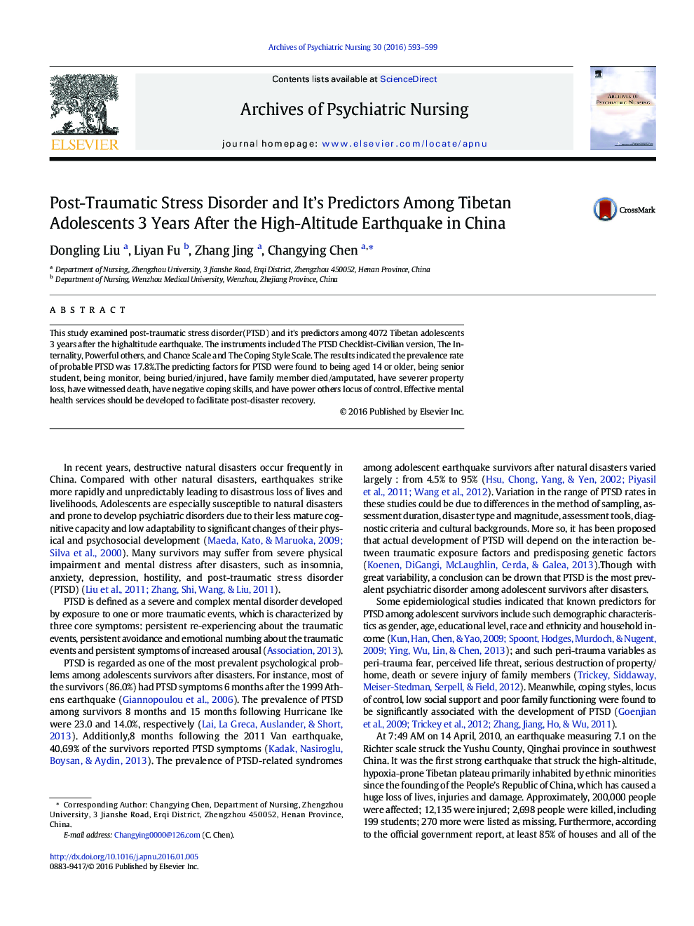 Post-Traumatic Stress Disorder and It's Predictors Among Tibetan Adolescents 3Â Years After the High-Altitude Earthquake in China
