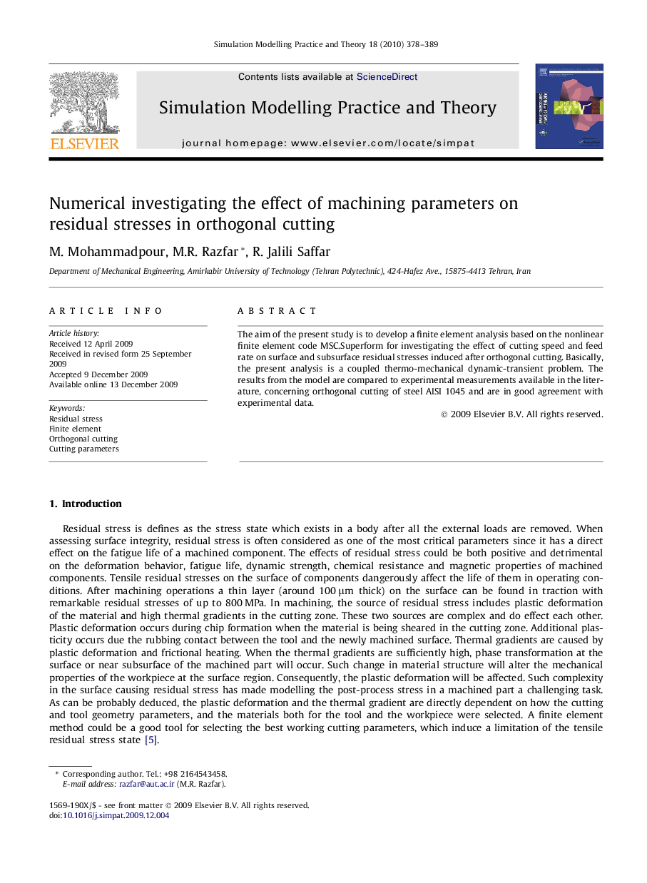 Numerical investigating the effect of machining parameters on residual stresses in orthogonal cutting