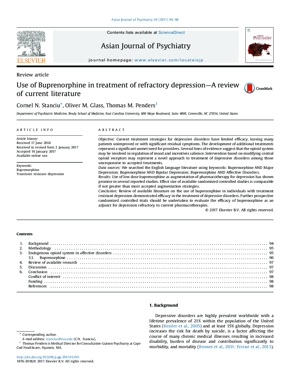 Use of Buprenorphine in treatment of refractory depression-A review of current literature