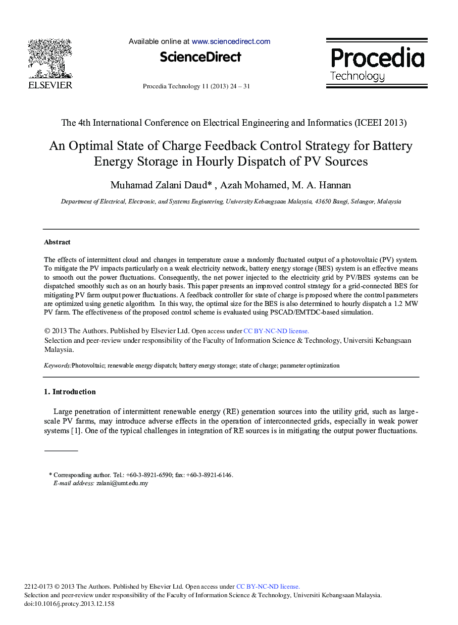 An Optimal State of Charge Feedback Control Strategy for Battery Energy Storage in Hourly Dispatch of PV Sources 