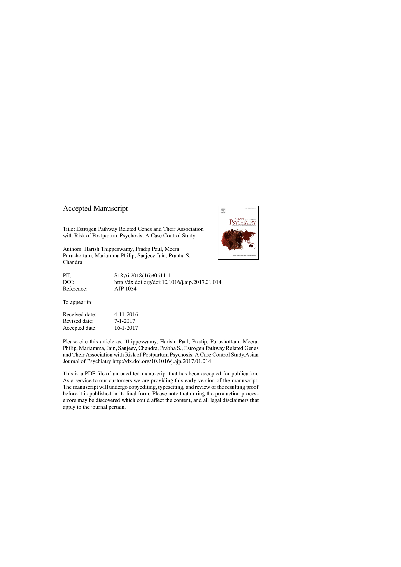 Estrogen pathway related genes and their association with risk of postpartum psychosis: A case control study
