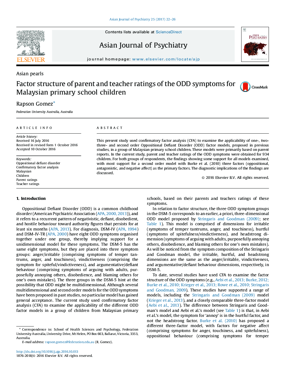 Factor structure of parent and teacher ratings of the ODD symptoms for Malaysian primary school children