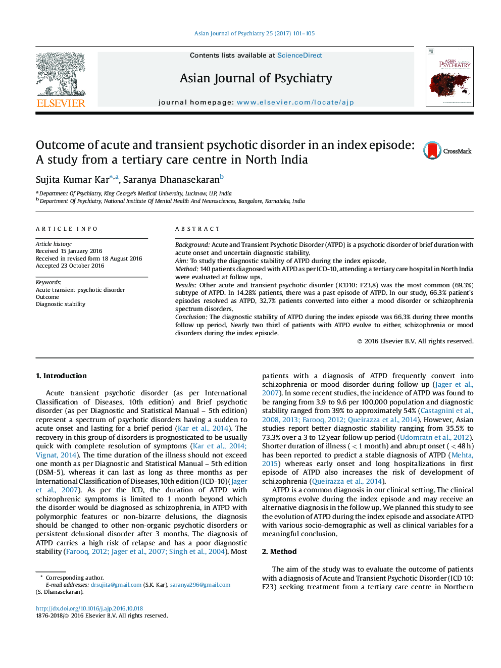 Outcome of acute and transient psychotic disorder in an index episode: A study from a tertiary care centre in North India