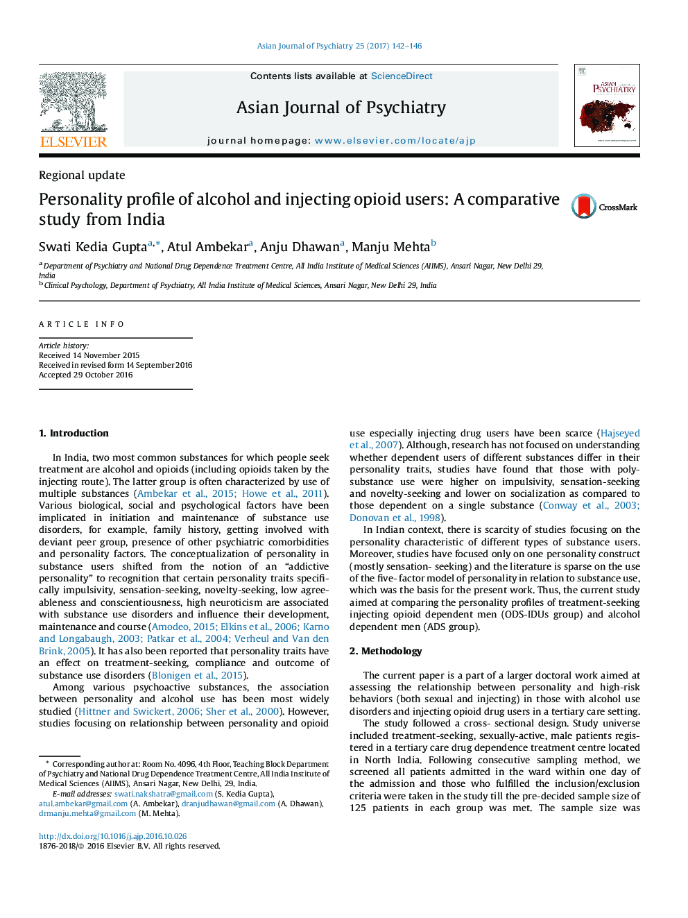 Personality profile of alcohol and injecting opioid users: A comparative study from India