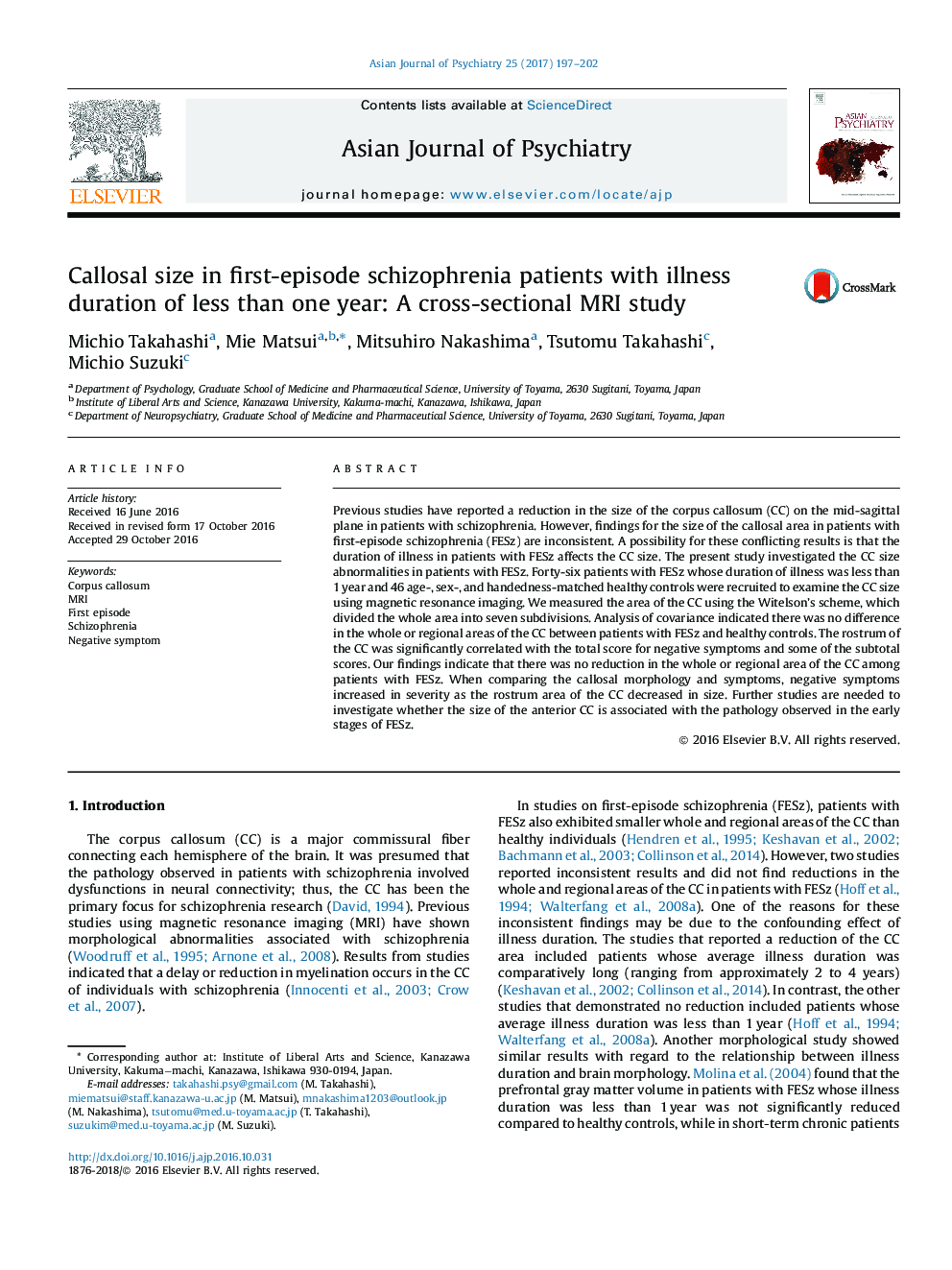 Callosal size in first-episode schizophrenia patients with illness duration of less than one year: A cross-sectional MRI study