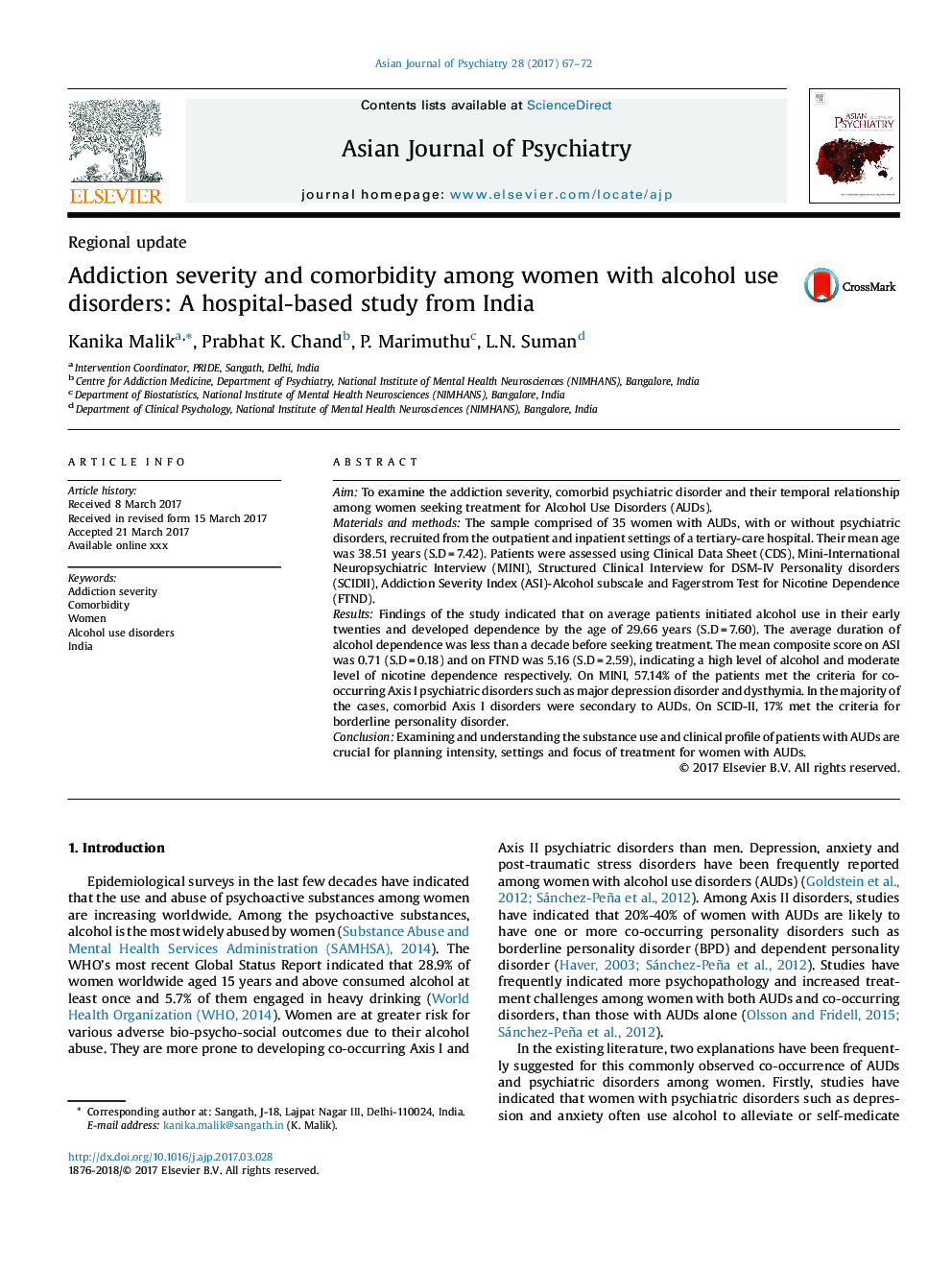 Addiction severity and comorbidity among women with alcohol use disorders: A hospital-based study from India