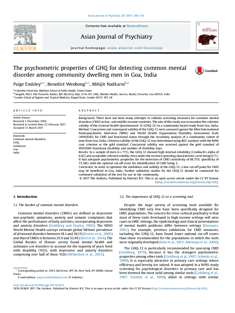 The psychometric properties of GHQ for detecting common mental disorder among community dwelling men in Goa, India