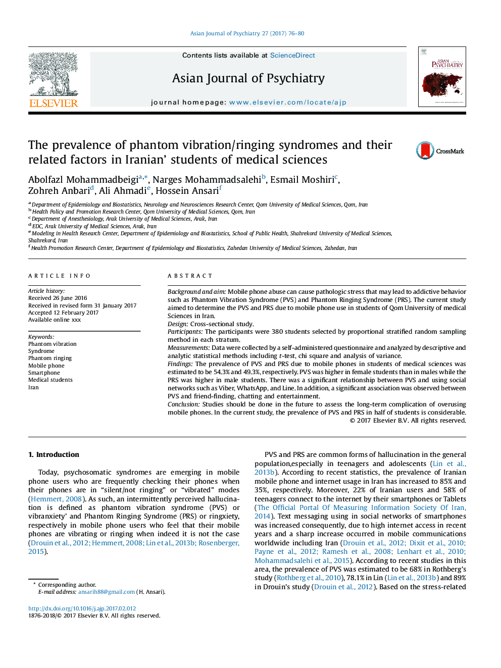 The prevalence of phantom vibration/ringing syndromes and their related factors in Iranian' students of medical sciences