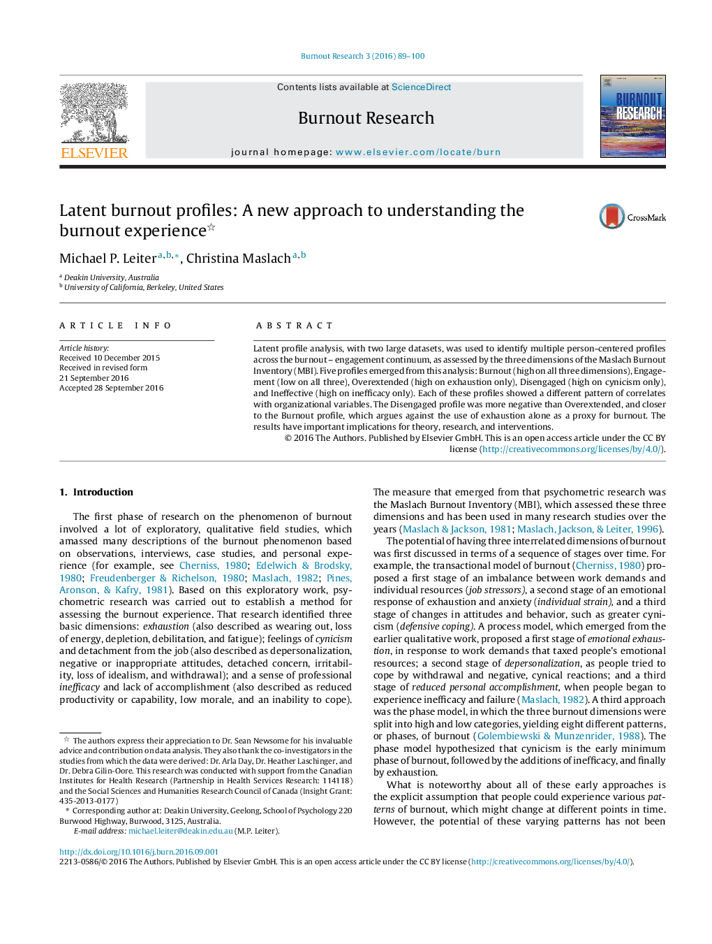 Latent burnout profiles: A new approach to understanding the burnout experience