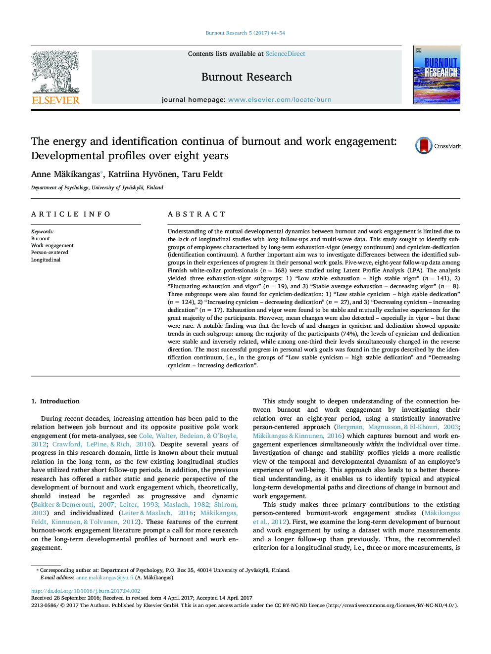 The energy and identification continua of burnout and work engagement: Developmental profiles over eight years