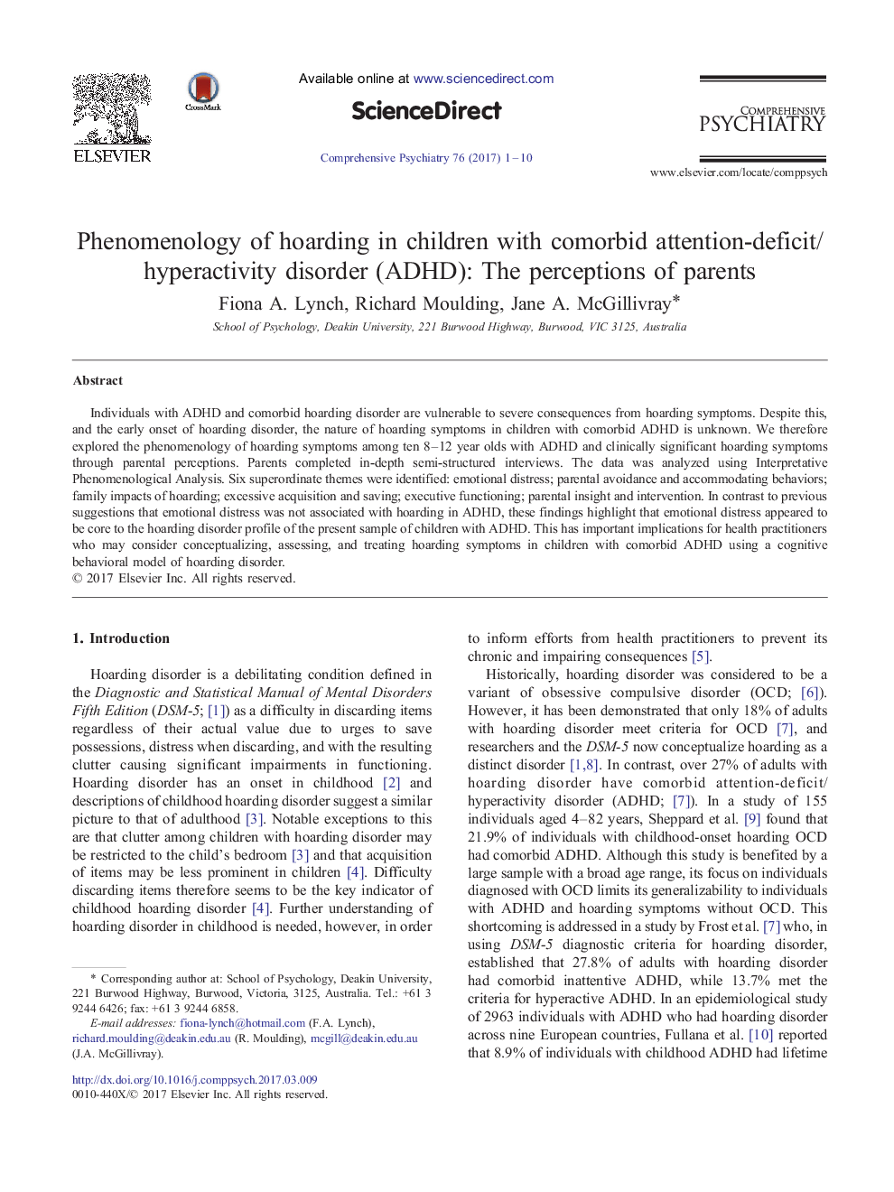 Phenomenology of hoarding in children with comorbid attention-deficit/hyperactivity disorder (ADHD): The perceptions of parents
