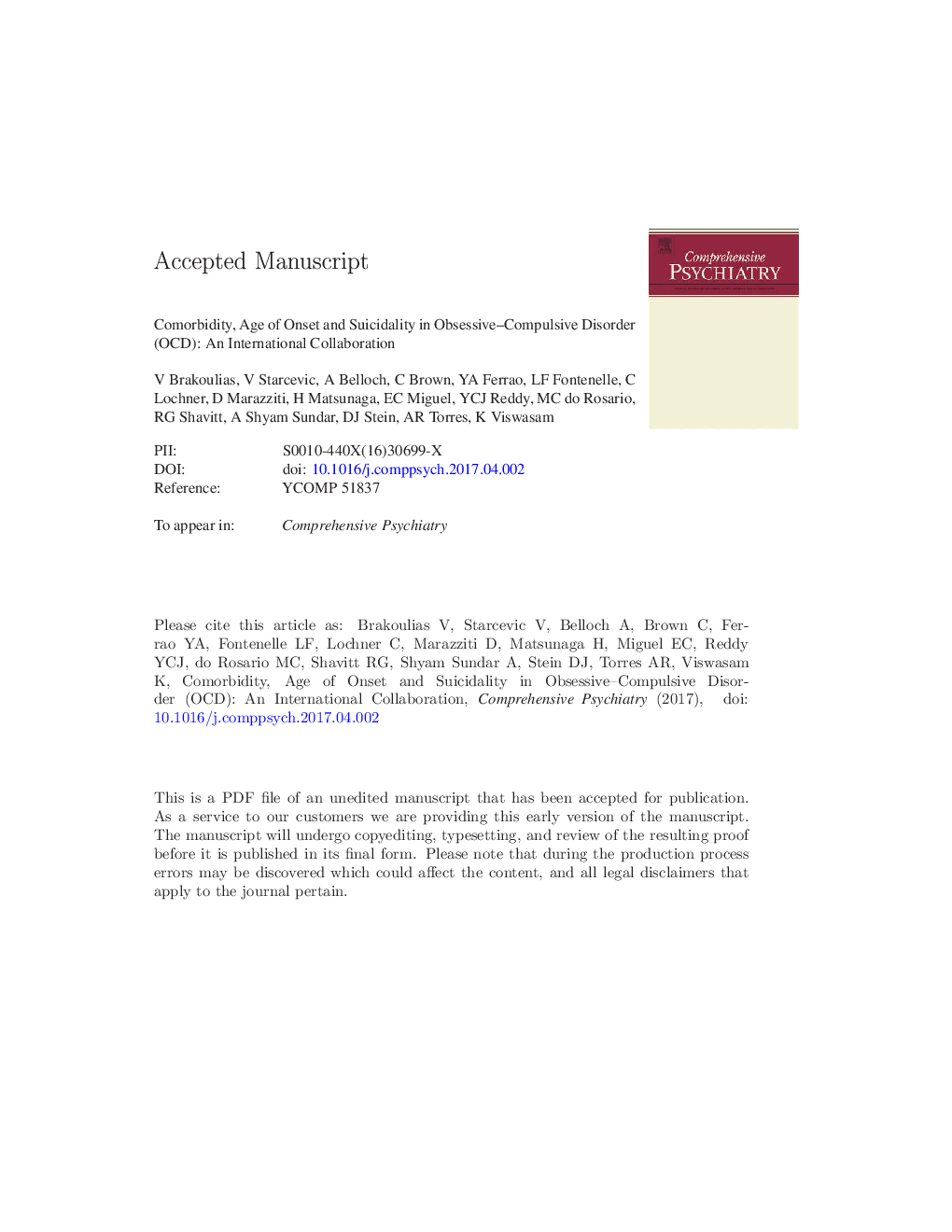 Comorbidity, age of onset and suicidality in obsessive-compulsive disorder (OCD): An international collaboration