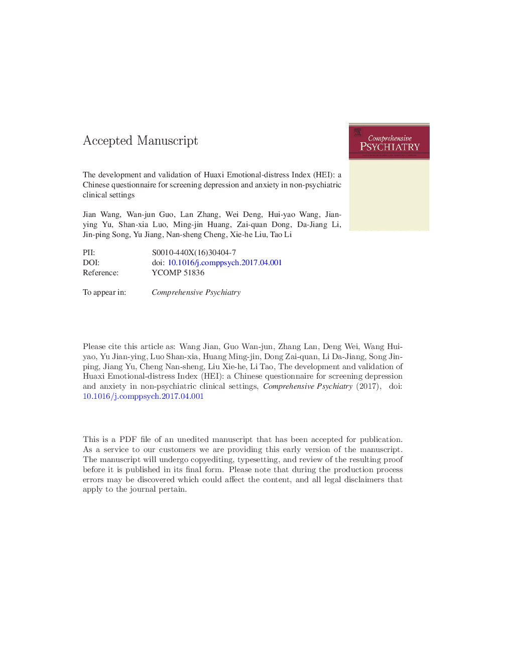The development and validation of Huaxi emotional-distress index (HEI): A Chinese questionnaire for screening depression and anxiety in non-psychiatric clinical settings