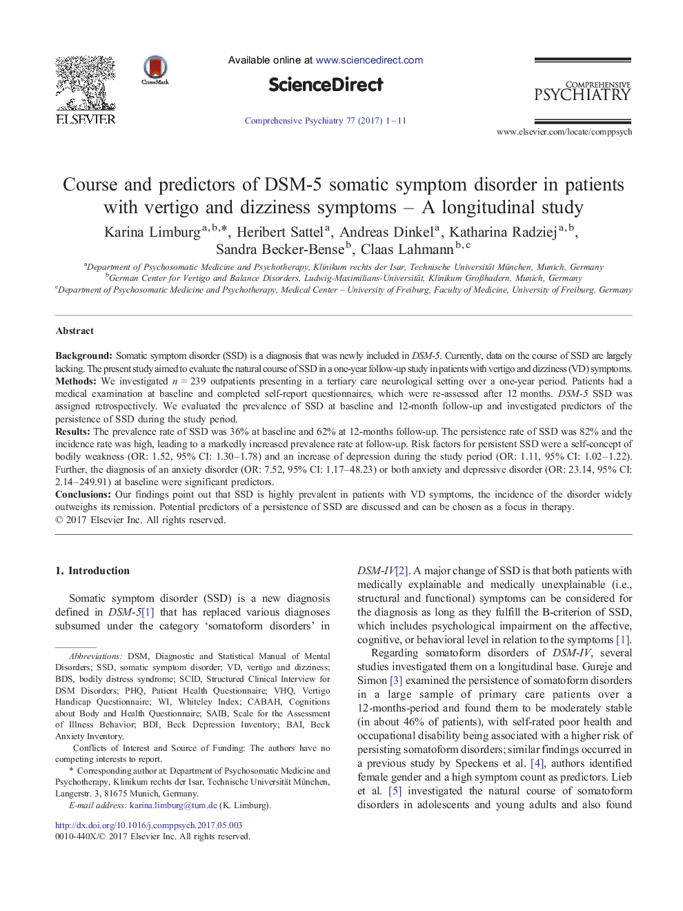 Course and predictors of DSM-5 somatic symptom disorder in patients with vertigo and dizziness symptoms - A longitudinal study