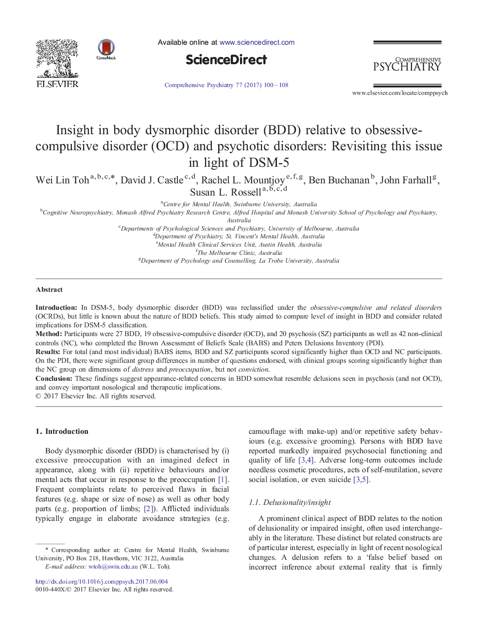 Insight in body dysmorphic disorder (BDD) relative to obsessive-compulsive disorder (OCD) and psychotic disorders: Revisiting this issue in light of DSM-5