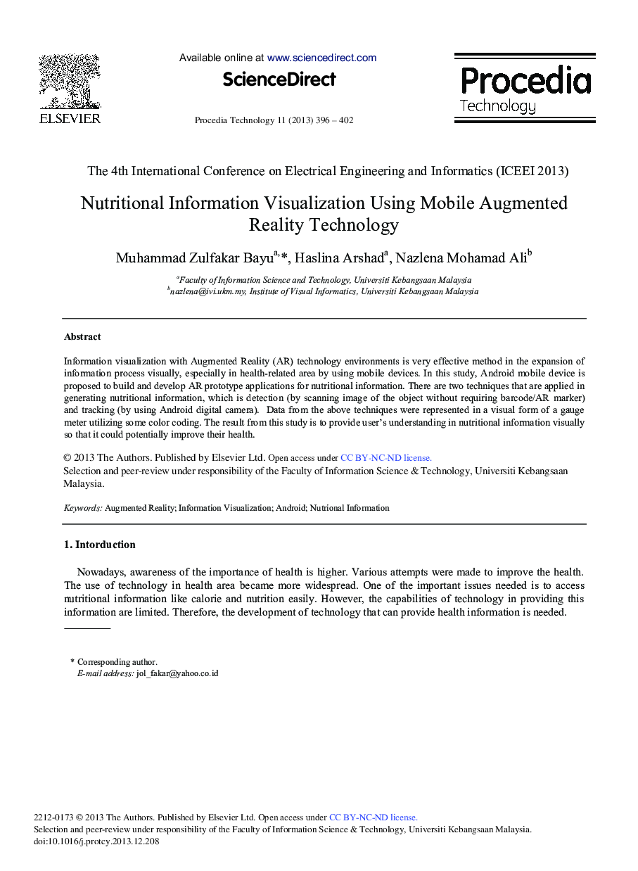 Nutritional Information Visualization Using Mobile Augmented Reality Technology 