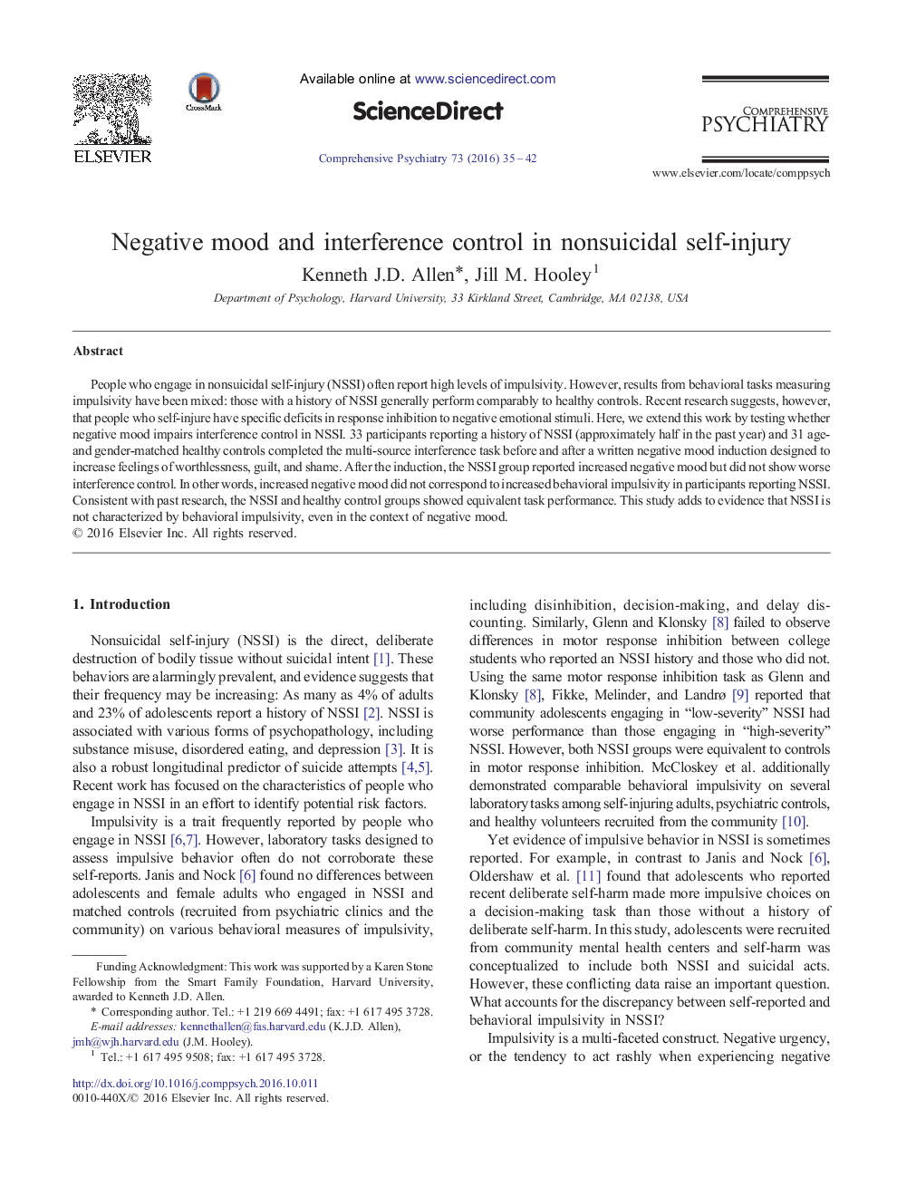 Negative mood and interference control in nonsuicidal self-injury