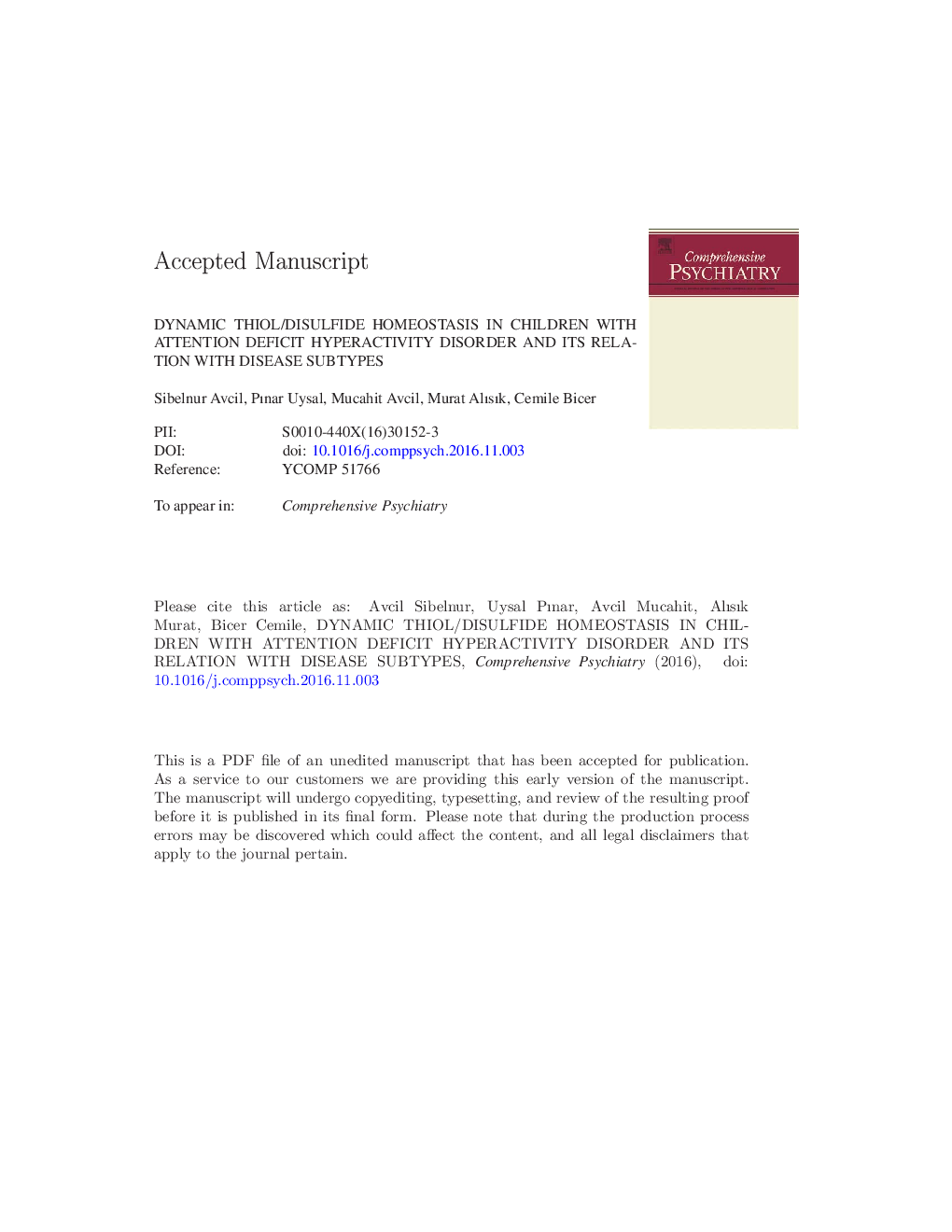 Dynamic thiol/disulfide homeostasis in children with attention deficit hyperactivity disorder and its relation with disease subtypes