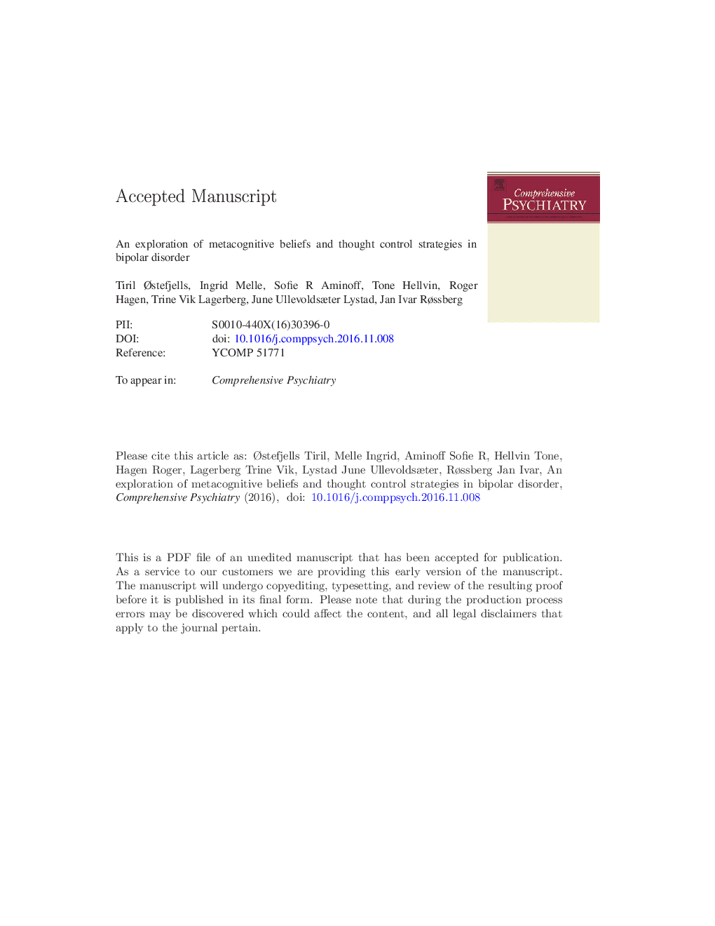 An exploration of metacognitive beliefs and thought control strategies in bipolar disorder