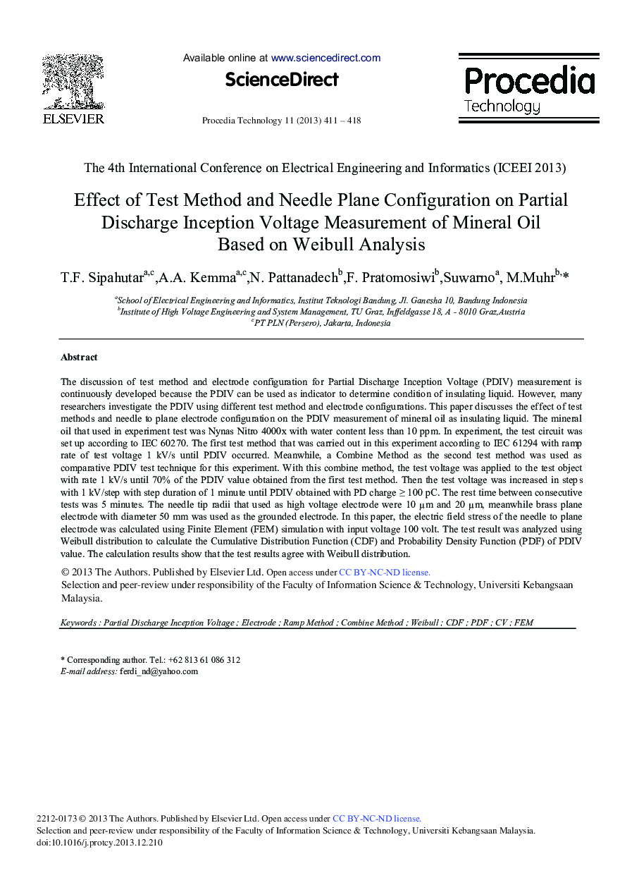 Effect of Test Method and Needle Plane Configuration on Partial Discharge Inception Voltage Measurement of Mineral Oil based on Weibull Analysis 