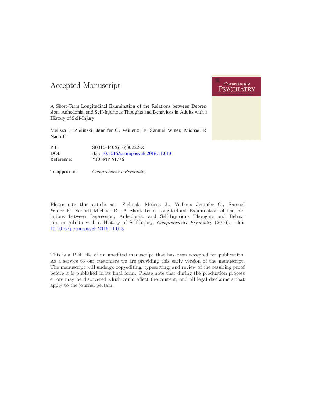 A short-term longitudinal examination of the relations between depression, anhedonia, and self-injurious thoughts and behaviors in adults with a history of self-injury