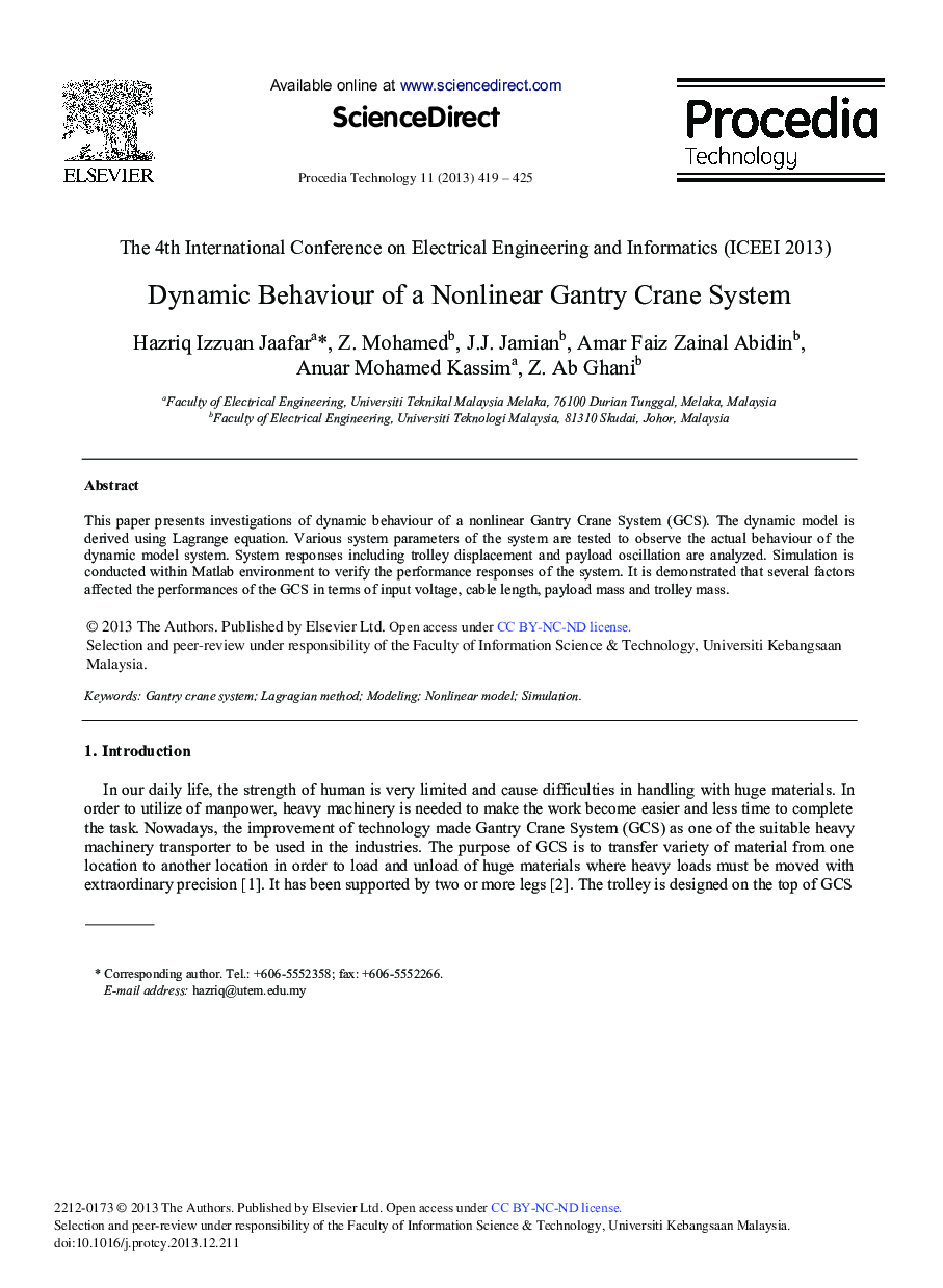 Dynamic Behaviour of a Nonlinear Gantry Crane System 