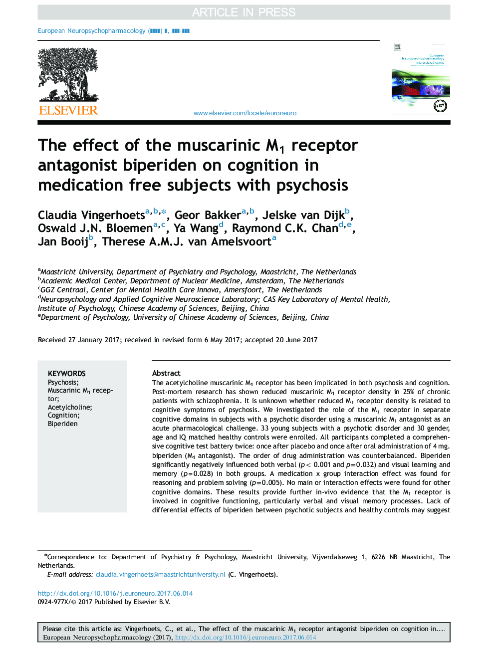 The effect of the muscarinic M1 receptor antagonist biperiden on cognition in medication free subjects with psychosis