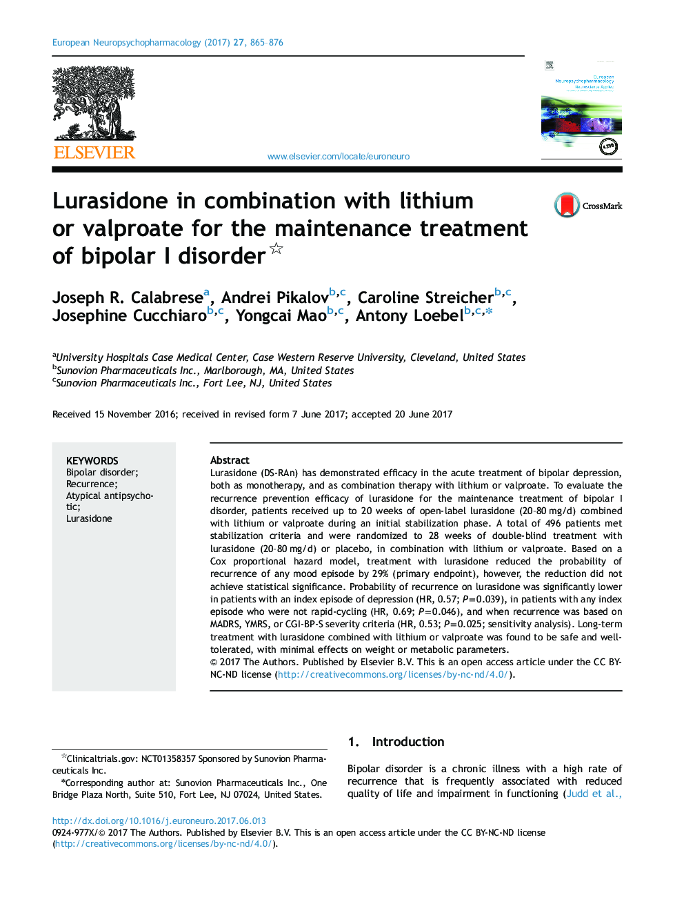 Lurasidone in combination with lithium or valproate for the maintenance treatment of bipolar I disorder