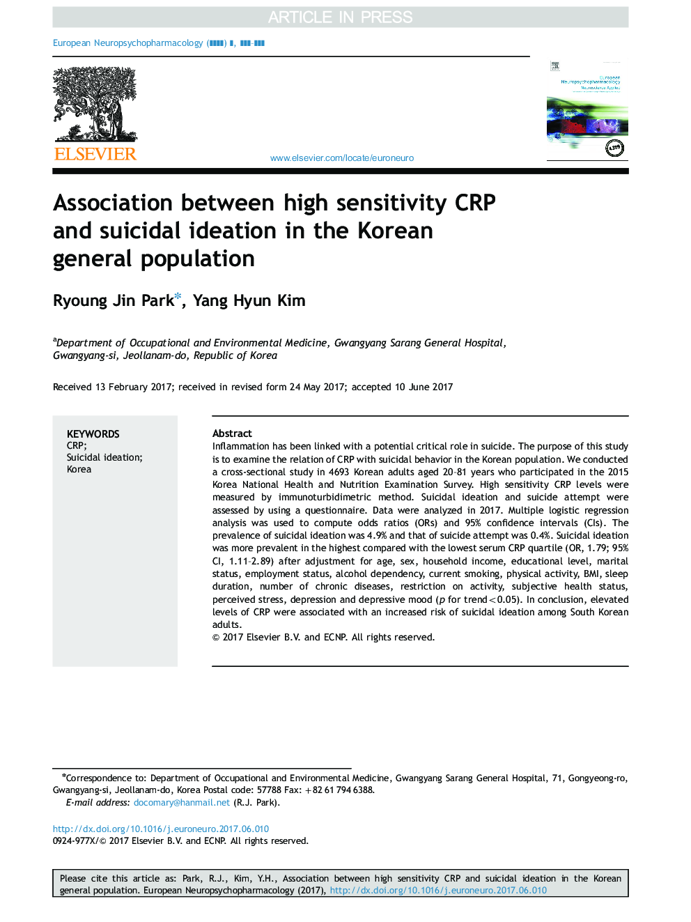 Association between high sensitivity CRP and suicidal ideation in the Korean general population