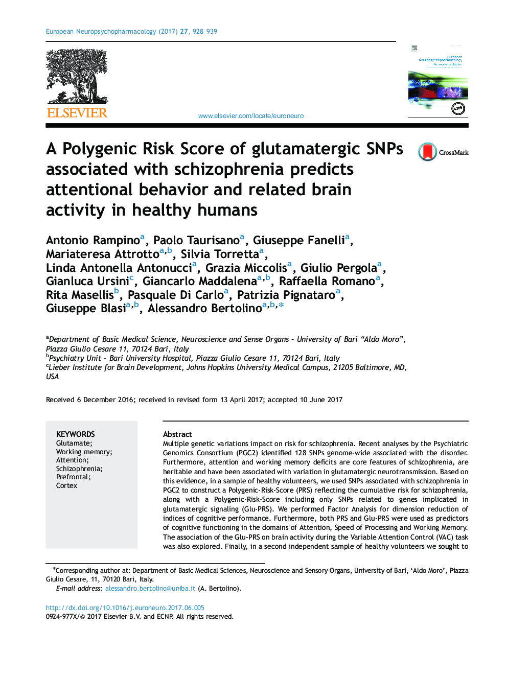 A Polygenic Risk Score of glutamatergic SNPs associated with schizophrenia predicts attentional behavior and related brain activity in healthy humans